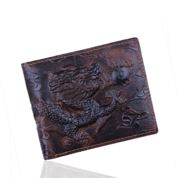 Dragon Engraved Genuine Leather Bifold Mens Wallet - Picture 2 of 8